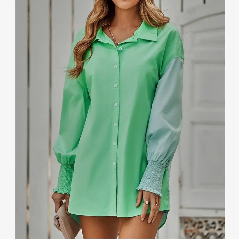 Green Button-Front Tunic Shirt